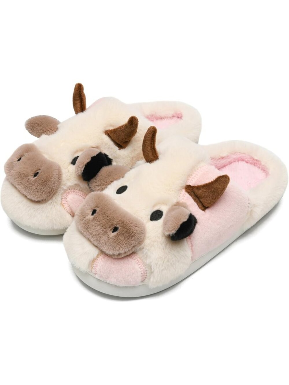 Women's White Pink Fluffy Cute Cozy Cartoon Fuzzy Cow Polyester Indoor Slippers